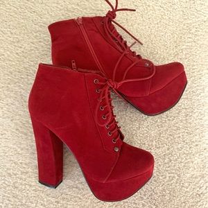 Red Velvet Platform Lace Ups Booties